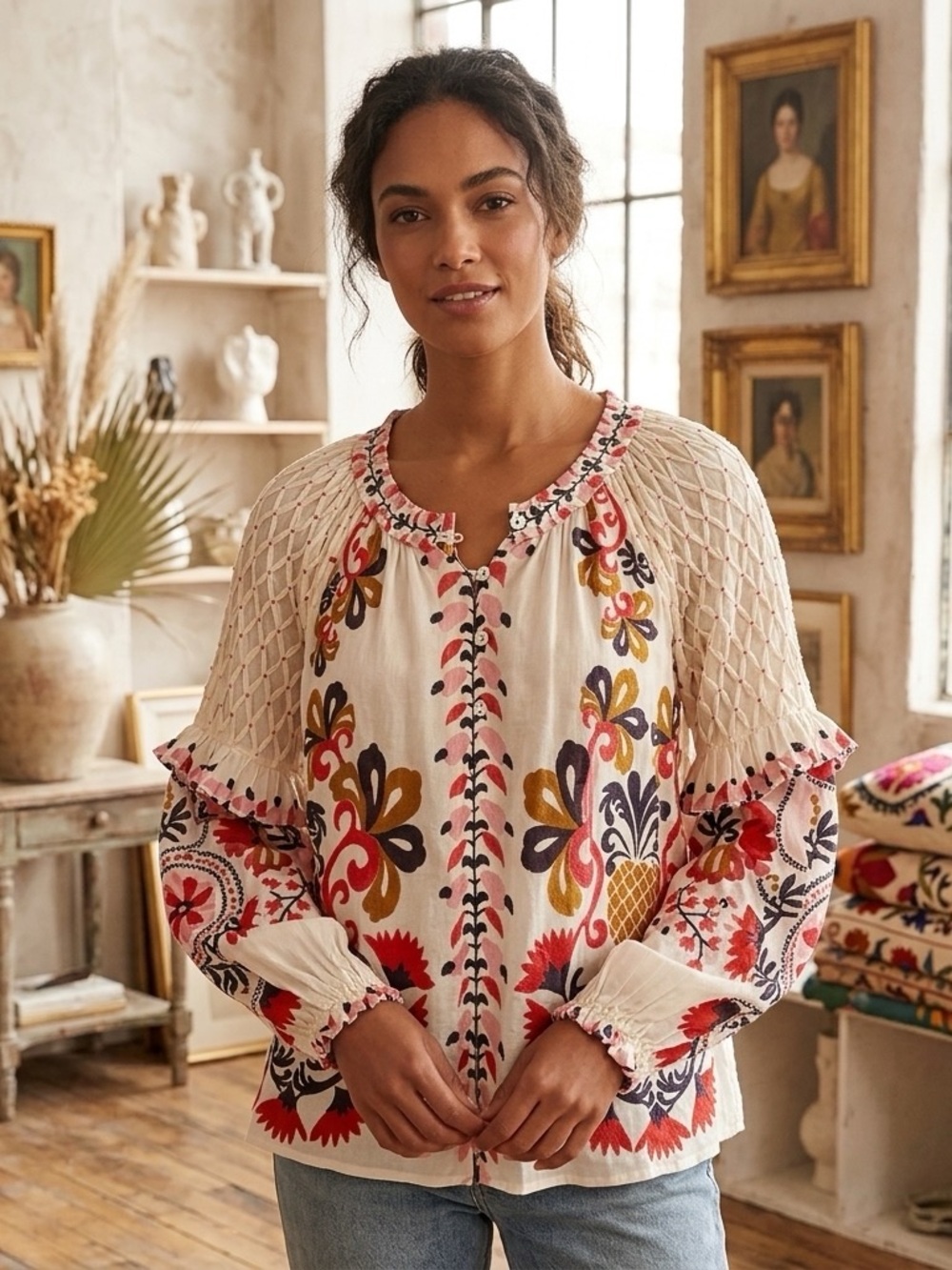 Beaded FARM Rio Cream and Red Floral Blouse